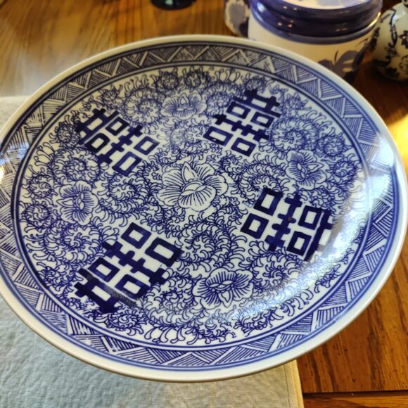 Rep Of China Blu/Whi Double Happiness Porcelain Tazza Offering Plate+Orig Label - Picture 5 of 13